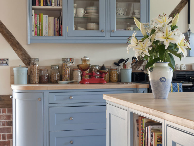 light blue kitchen beams and tiled floor