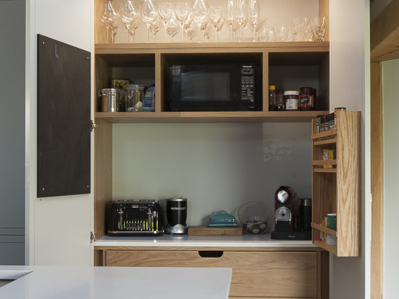 modern country kitchen with wood shelving storage